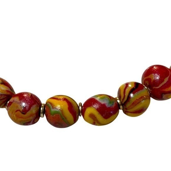 Marbled Bead Necklace Red Yellow Swirl Statement Choker - Picture 6 of 8
